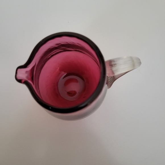 Vintage Small Cranberry Optic Blown Glass Pitcher with Applied Clear Handle - Picture 8 of 15